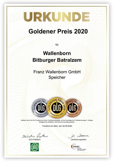 DLG-Prämierungsurkunde 2020 für Wallenborn Batralzem